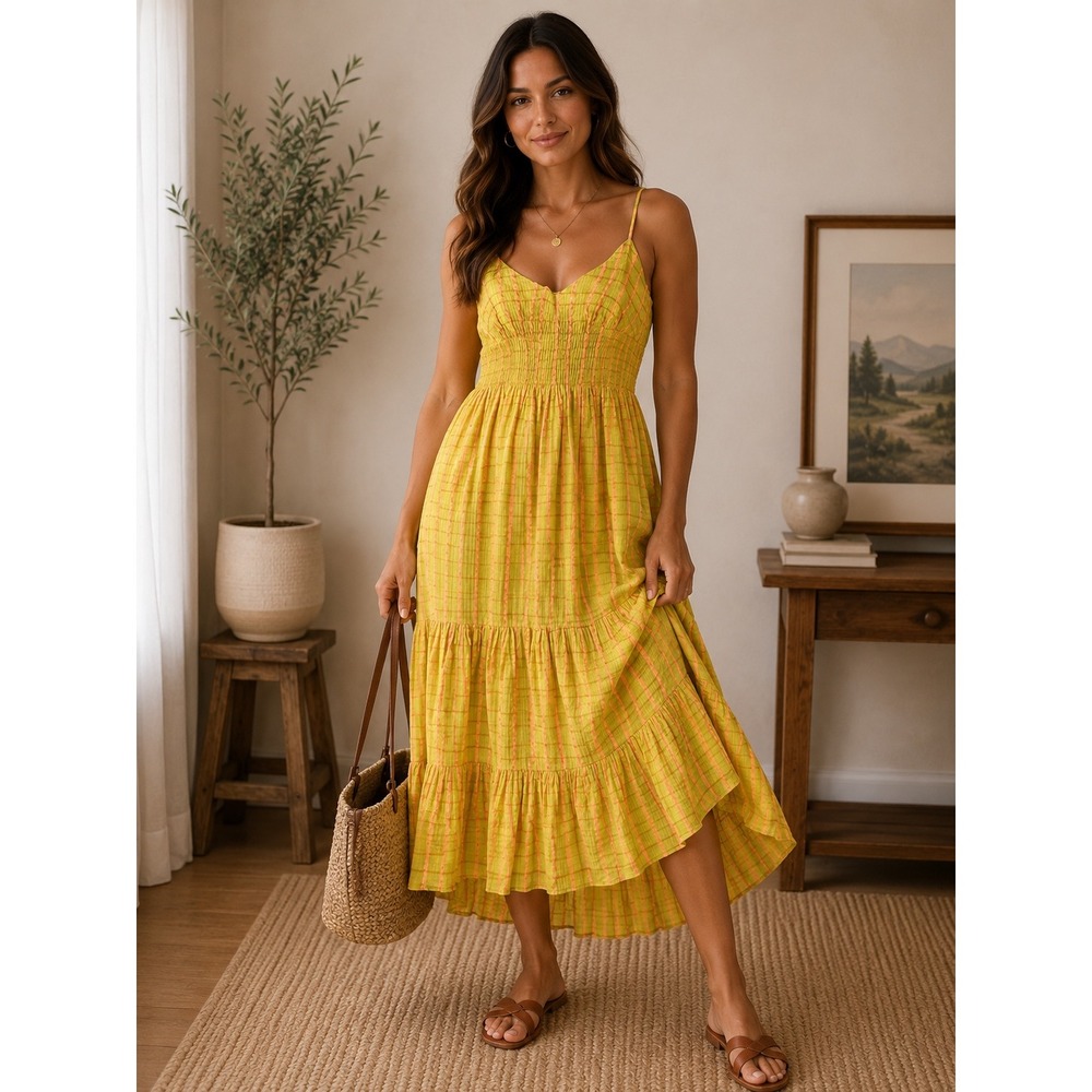 Free People Boho Sun Valley Midi Summer Dress Gauze Plaid Tiered OB1722085 XS